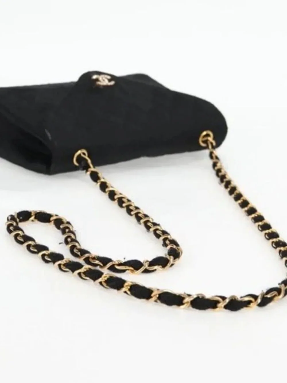 CHANEL Matelasse Chain Shoulder Bag Satin Black Gold CC Auth bs8554
